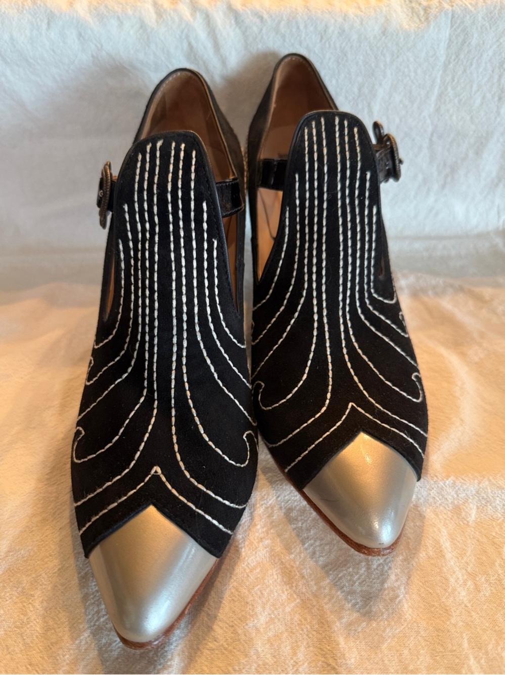 John Fluevog Black Suede Heels with White Stitching and Silver Toe Caps
